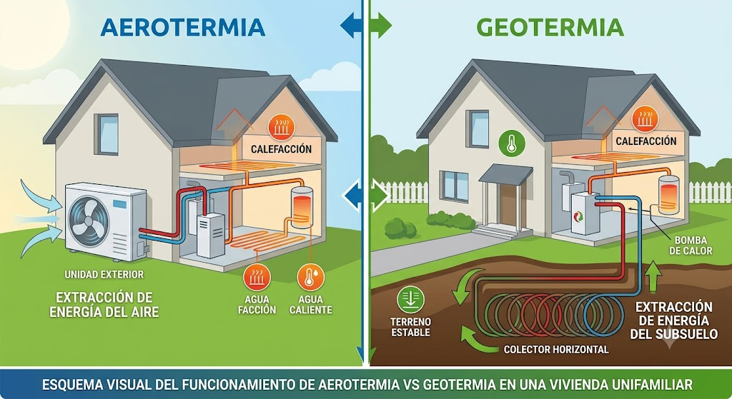 Esquema visual del funcionamiento de aerotermia vs geotermia en una vivienda unifamiliar