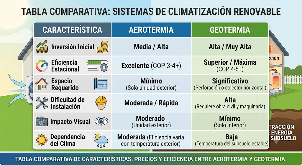 Tabla comparativa de características, precios y eficiencia entre aerotermia y geotermia