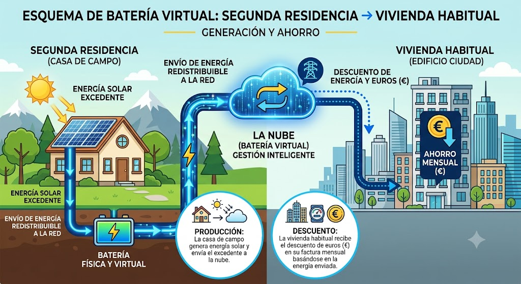 Esquema de funcionamiento de una batería virtual entre segunda residencia y vivienda habitual
